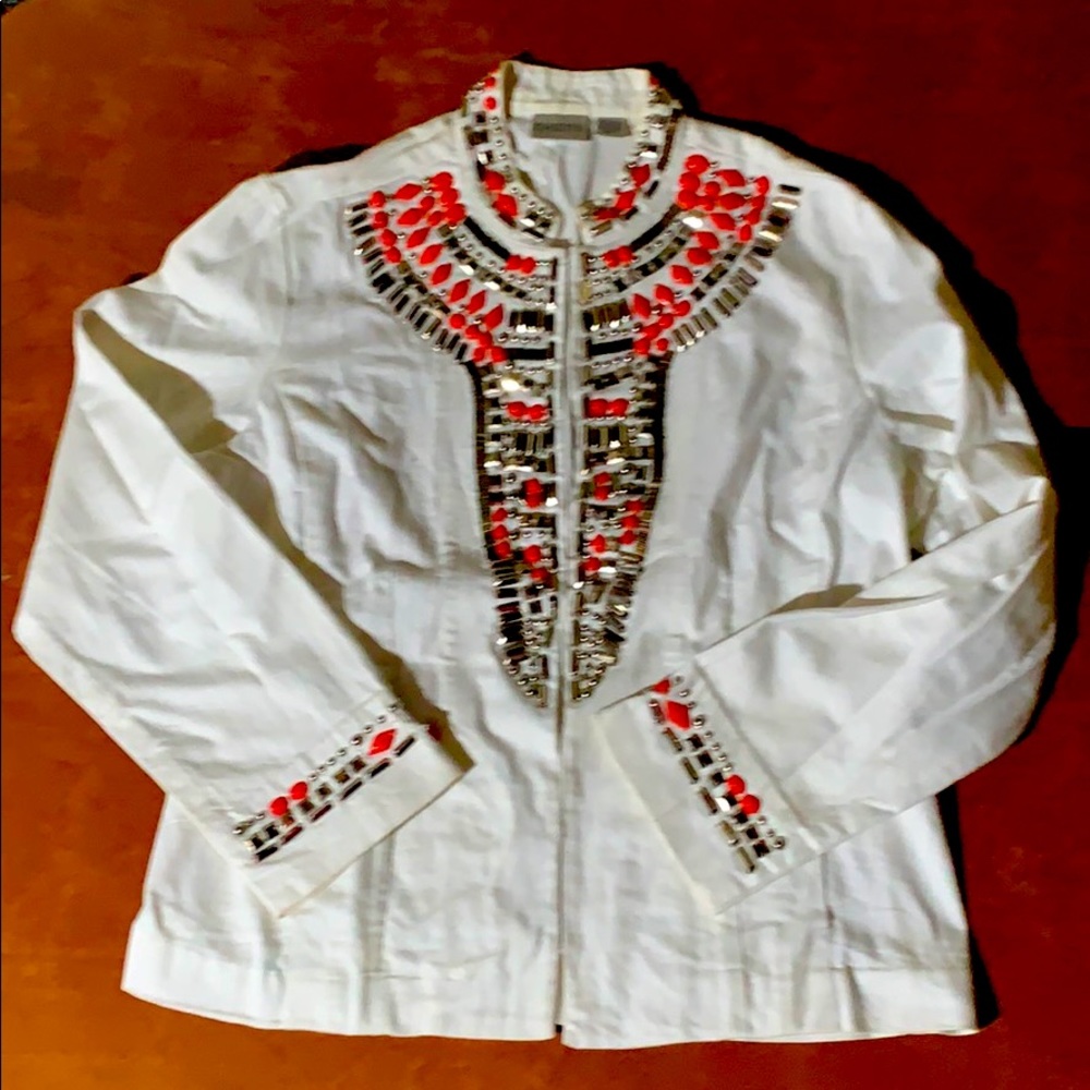 Chico’s Red And Silver Beaded Statement Jacket 2 - image 2